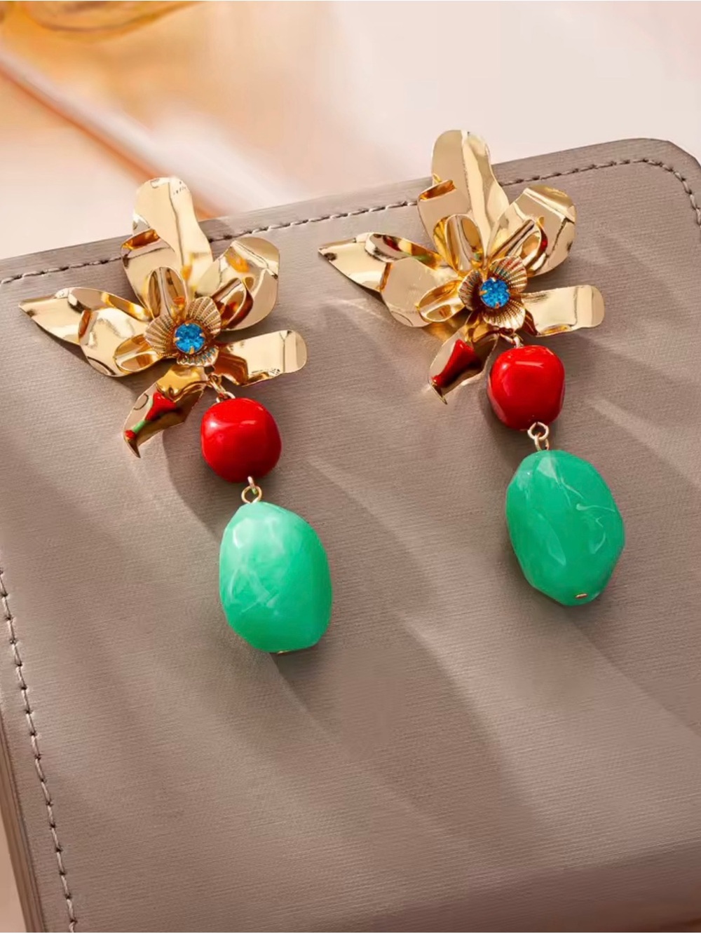 Zara Gold Tone Flower Drop Earrings with Red and Green Stones NWOT - Picture 4 of 5
